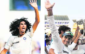 Ishant Sharma appeals unsuccessfully against unseen Australian cricketer Brad Haddin. Sourav Ganguly celebrates with his team mates during a victory lap