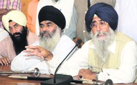 SAD (A) chief Simranjit Singh Mann (right) addresses a press conference in Jalandhar