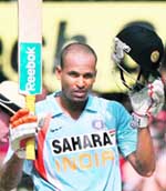 Yusuf Pathan celebrates his maiden half century. 