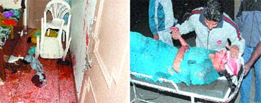 The blood stained walls and floor of the room where the crime took place and (right) Bindu in a hospital in Jalandhar