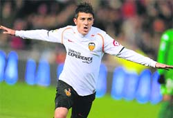 Valencia�s David Villa celebrates his goal during their Spanish league football match at Mestalla Stadium in Valencia, on Sunday.