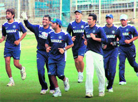 Indian cricketers during a practice session at M A Chidambaram stadium in Chennai on Monday.