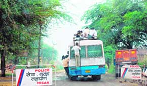 An overloaded Haryana Roadways bus on the Hansi-Hisar road in Hisar district