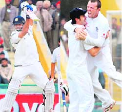 From Left: Rahul Dravid hits a cracking shot while England�s Graeme Swann (R) celebrates a wicket during the second day of the second Test at Mohali