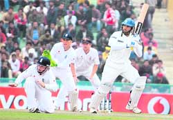 Yuvraj lets one fly past English fielders on the 2nd day of the Mohali Test.