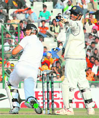 England captain Kevin Pietersen plays a shot during the third day of the second Test against India at the PCA Stadium in Mohali on Sunday. Pietersen scored 144.