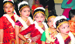 Schoolgirls during a New Year programme in Uttaranchal Public School in Haridwar on Sunday.
