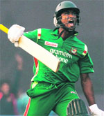 Bangladesh's Naeem Islam reacts after Bangladesh defeated Sri Lanka. 
