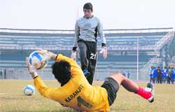 JCT�s goalkeeper Karanjit practises in Ludhiana