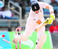 Kevin Pietersen is bowled by West Indies� Jerome Taylor during the first Test at Sabina Park, Kingston