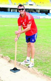 Pitcher imperfect: England's Graeme Swann poses after the bowler�s run-up were dug up at the Sir Vivian Richards Stadium on Friday.