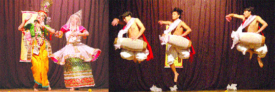 (Left) Charu Shija Mathur and Nandita Devi during a Manipuri dance performance at Lovely Professional University in Jalandhar. The drum dancers at the show.