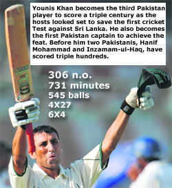Pakistan captain Younis Khan raises his bat as he celebrates after completing his triple century against Sri Lanka during the fourth day of the first Test match against Sri Lanka on Tuesday.