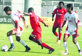 JCT and Churchill Brothers players in action during the NFL match at Guru Nanak Stadium in Ludhiana