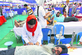 A blood donation camp in progress on the occasion of Hola Mohalla at Anandpur Sahib on Tuesday.