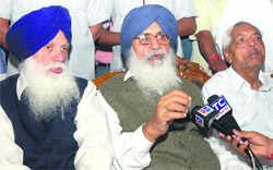 Chief Minister Parkash Singh Badal addresses mediapersons in Bathinda on Friday. Former ministers Tota Singh (left) Charanjit Lal Garg (right) are also seen in the picture.
