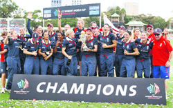 Members of the England women's cricket team celebrate after defeating New Zealand in the final of the ICC Women's World Cup final in Sydney on Sunday.