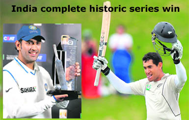 Ross Taylor celebrates after scoring a century during the final day of the final Test between New Zealand and India in Wellington on Tuesday; and (left) Mahendra Singh Dhoni poses with the National Bank Trophy.