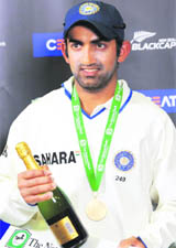 Gautam Gambhir with the Man of the Match and Man of the Series awards in Wellington on Tuesday.