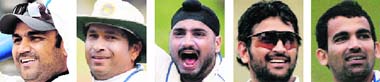 From left: Virender Sehwag, Sachin Tendulkar, Harbhajan Singh, MS Dhoni, Zaheer Khan