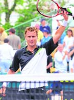 Lleyton Hewitt of Australia acknowledges the crowd after beating Evgeny Korolev of Russia in their semi-final tennis match at the U.S. Men's Clay Court Championship Saturday in Houston. Hewitt won 7-6, 6-4. �  AP/PTI 
