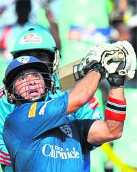 Herschelle Gibbs of Deccan Chargers hits a six during an IPL Twenty20 match against Mumbai Indians at the Kingsmead Cricket Stadium in Durban