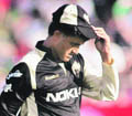 Kolkata Knight Riders Sourav Ganguly reacts after finishing his bowling over against Royal Challengers Bangalore