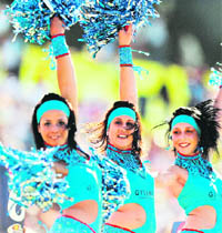 Mumbai Indians cheerleaders perform during the IPL Twenty20 match between the Kolkata Knight Riders and Mumbai Indians at The Buffalo Park Cricket Stadium in East London on Friday.