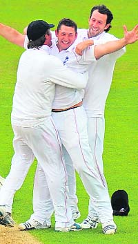 Tim Bresnan celebrates taking the final wicket of the West Indies on Monday. 