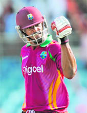 Runako Morton reacts after hitting the winning runs against India on Sunday
