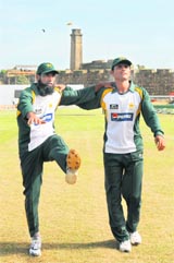 Mohammad Yousuf and Abdur Razzaq at a training session on Friday.