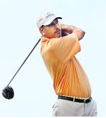 Jeev Milkha Singh plays from the 7th tee during a practice round on Monday ahead of the 138th British Open Championship