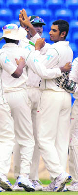 Bangladesh�s Mahmudullah celebrates after dismissing Dale Richards on Friday.