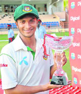 SKIPPER�S SHOW: Bangladesh captain Shakib Al Hasan with the trophy after winning the second and final Test against West Indies on Tuesday.