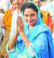 Bathinda MP Harsimrat Kaur at a road show in support of her husband and SAD-BJP nominee Sukhbir Singh Badal.