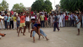 A kabaddi match in progress on the opening day of the two-day Anand Utsav in Fazilka on Saturday.