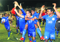 Indian players celebrate their victory over Syria in the final of ONGC Nehru Cup Soccer Tournament in New Delhi 