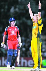 Shane Watson celebrates the wicket of Graeme Swann on Friday.