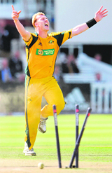Brett Lee celebreate a wicket against England on Saturday. Australia won the match by seven wickets to take a 4-0 lead in the series. 
