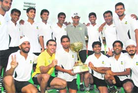 BPCL players celebrate with the trophy in Chandigarh