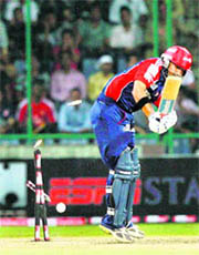 Daredevils� Gautam Gambhir is bowled during their match against Victoria Bushrangers in New Delhi on Friday.