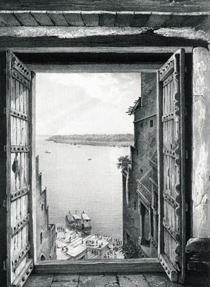 A view of the Ganges, from the gate at the top of Punchgunga Ghat