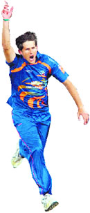 CJ De Villiers of Diamond Eagles celebrates the wicket of Luke Wright in New Delhi on Tuesday.