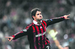 A.C. Milan�s forward Pato celebrates scoring a goal against Real Madrid at Santiago Bernabeu stadium in Madrid on Wednesday.