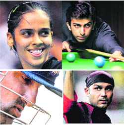 Top LeftSaina Nehwal,Top RightPankaj Advani,Bottom Left Gautam and  Gambhir,Right Virender Sehwag