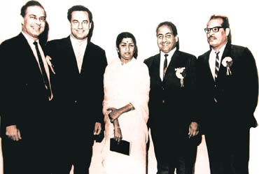 STALWARTS ALL: Talat Mahmood (extreme left), Mukesh, Lata Mangeshkar, Mohammad Rafi and Manna Dey
