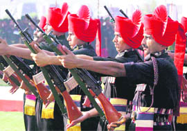Jawans pay tributes to martyrs by reversing their arms at the Dograi War Memorial in Khasa, Amritsar, on Tuesday.