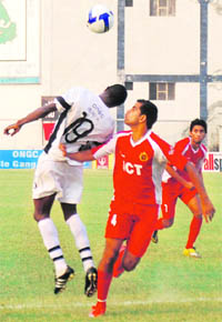 The match between Mahindra United and JCT FC in progress in Ludhiana on Saturday. 