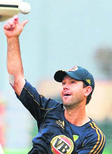 Ricky Ponting bowls during a training session in Mumbai on Tuesday.