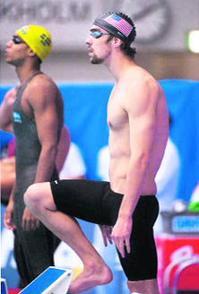 Michael Phelps prepares to swim in the men�s 200 metres medley final at the short-course World Cup swimming competition in Stockholm on Wednesday.